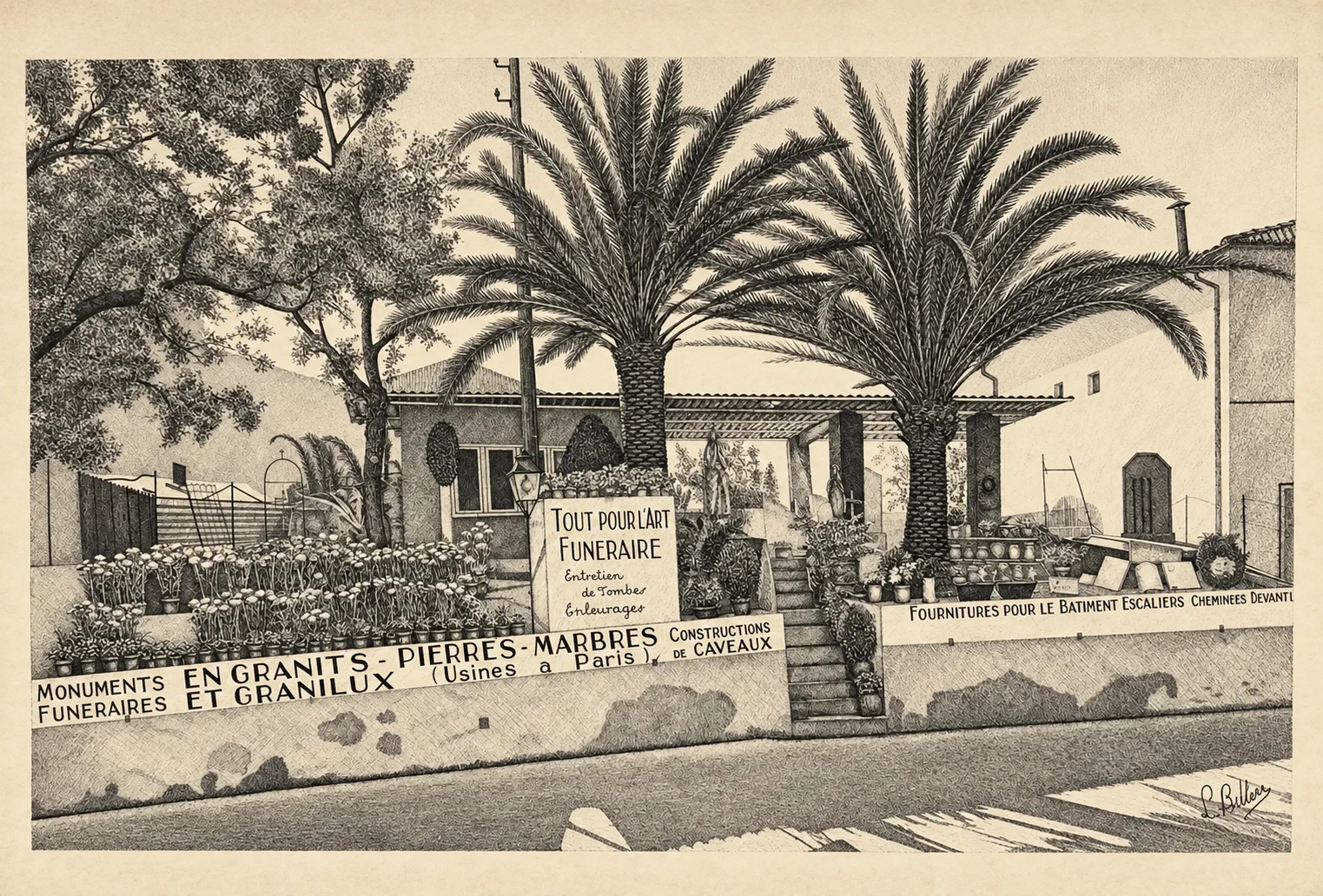 Vue d’archive de l’atelier Galvagno, de ses monuments et de ses palmiers