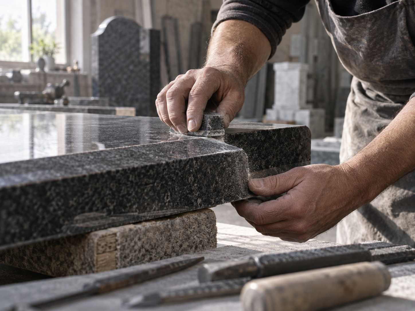 Mains d’un artisan marbrier façonnant un chant de granit