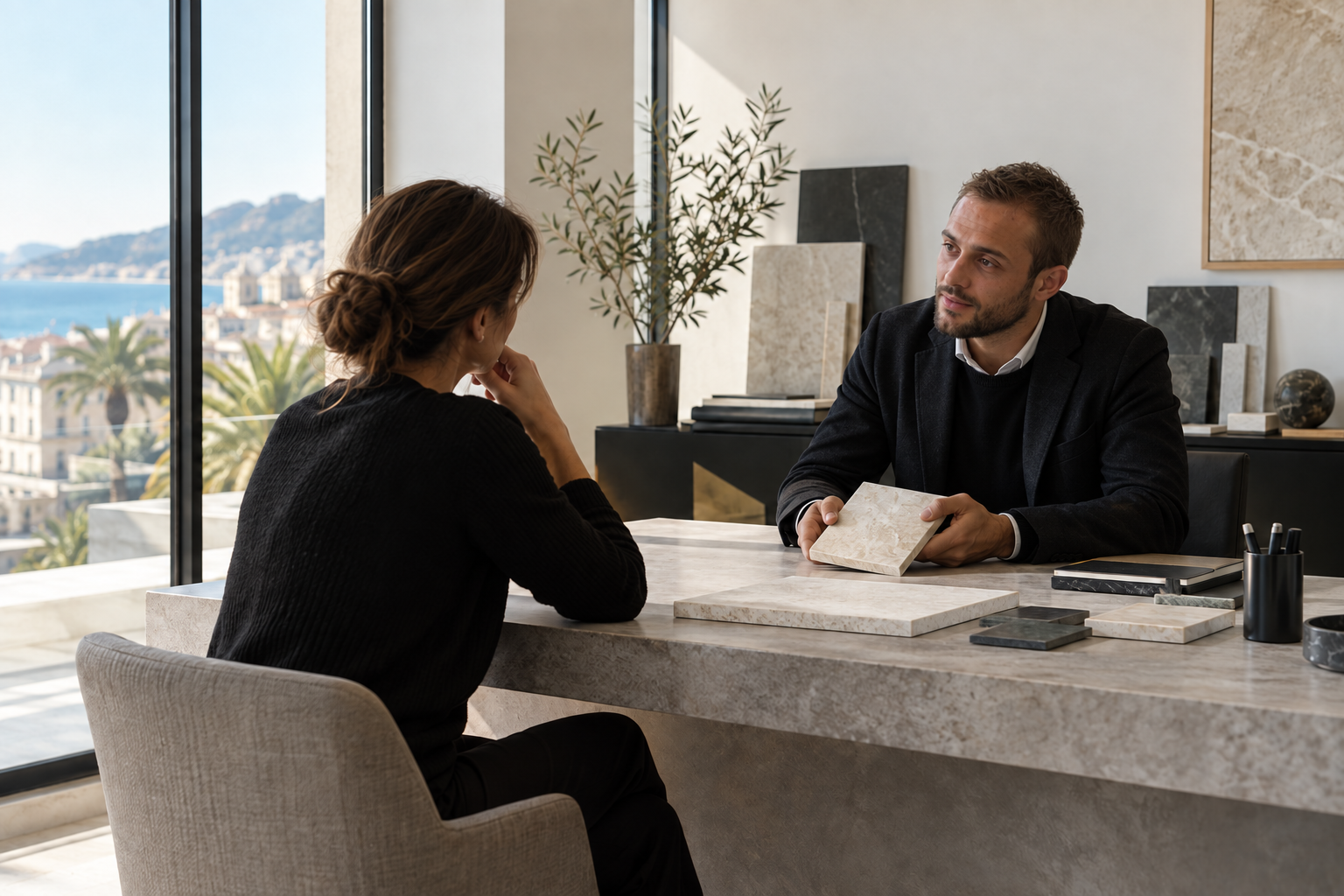 Guillaume Galvagno reçoit une cliente autour d’échantillons de pierre dans son bureau