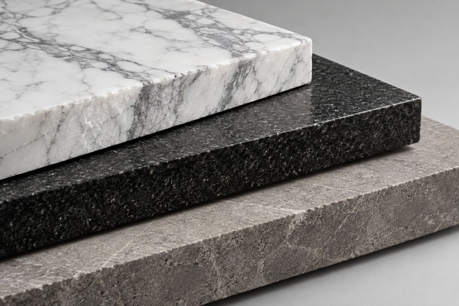 Échantillons de marbre blanc, granit noir et pierre grise