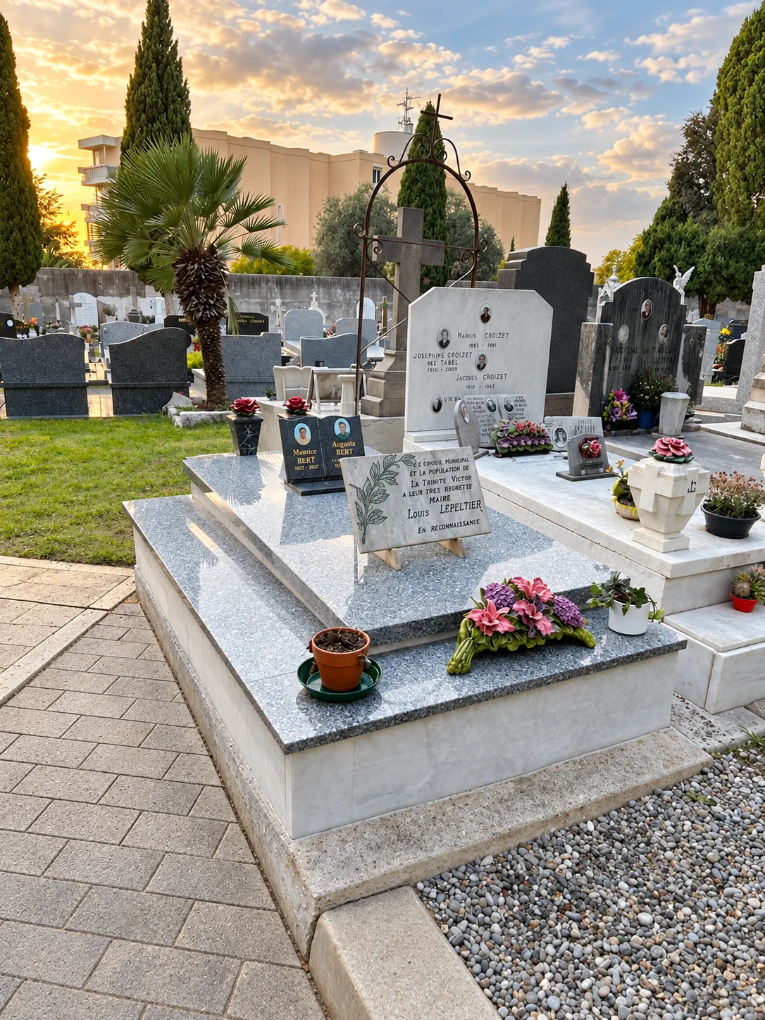 Monument en granit gris dans la lumière de fin de journée