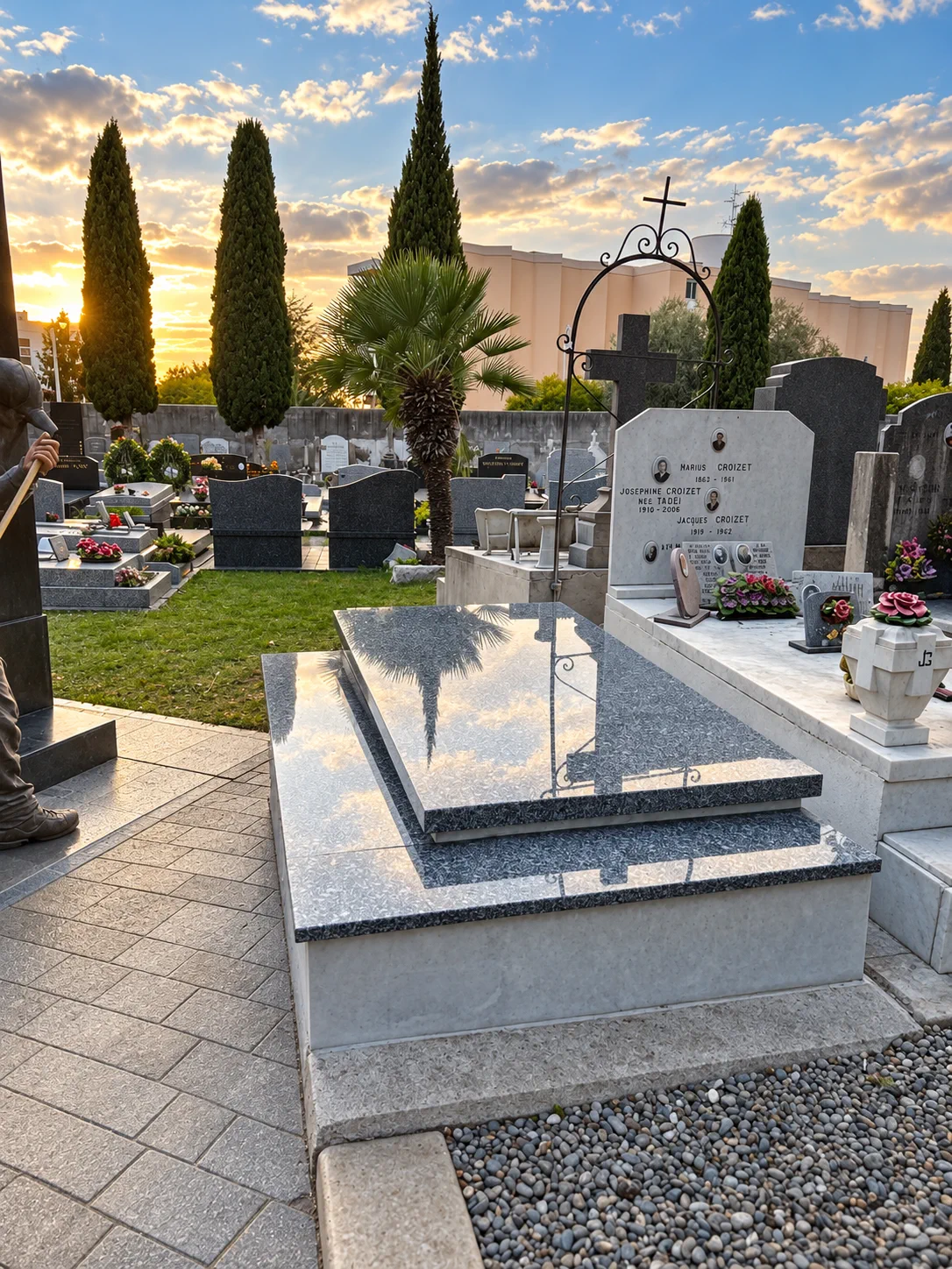 Monument en granit poli reflétant le ciel au coucher du soleil
